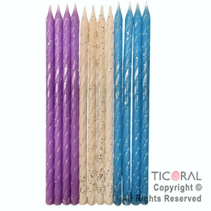 VELA 12 CM ESPIRAL COMBINADA CON PORTAVELAS CELESTE BLANCO Y VIOLETA BRILLO x 12